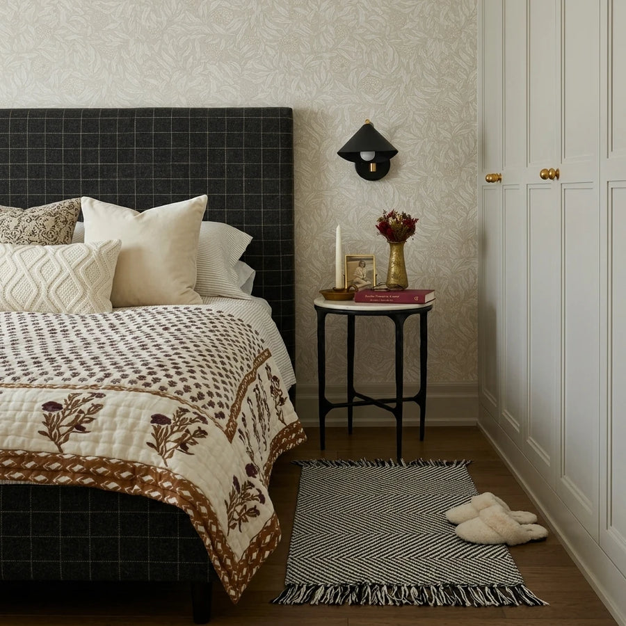Boho Weave Rug Black White Two Tone Bedroom Decor Herringbone Neutral Modern Boho Bedroom