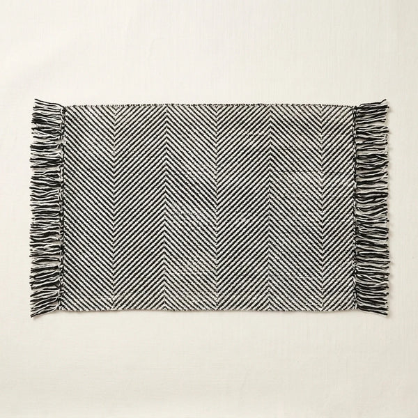 Boho Weave Rug Black White Two Tone Herringbone Fringe Woven Bath Mat Product Shot