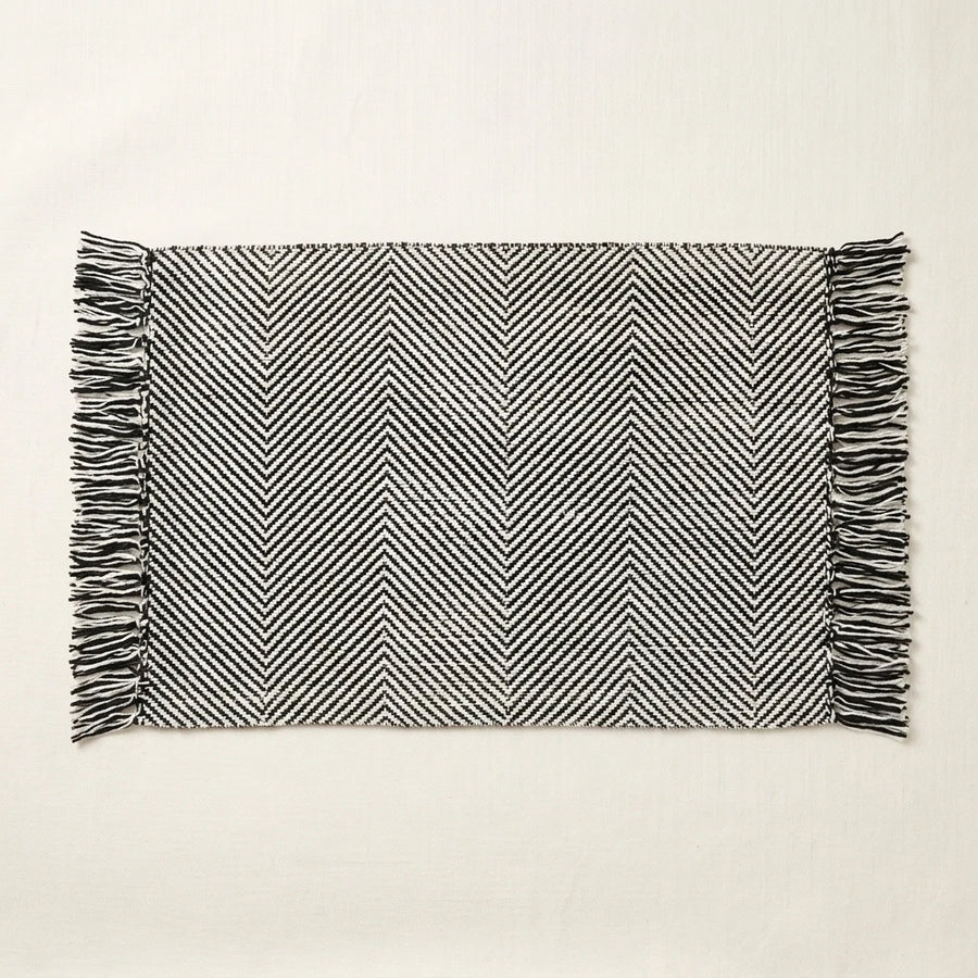 Boho Weave Rug Black White Two Tone Herringbone Fringe Woven Bath Mat Product Shot