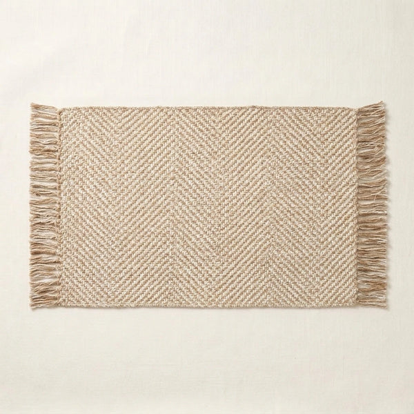 Boho Weave Rug Camel Solid Tan Cream Herringbone Fringe Woven Bath Mat Product Shot