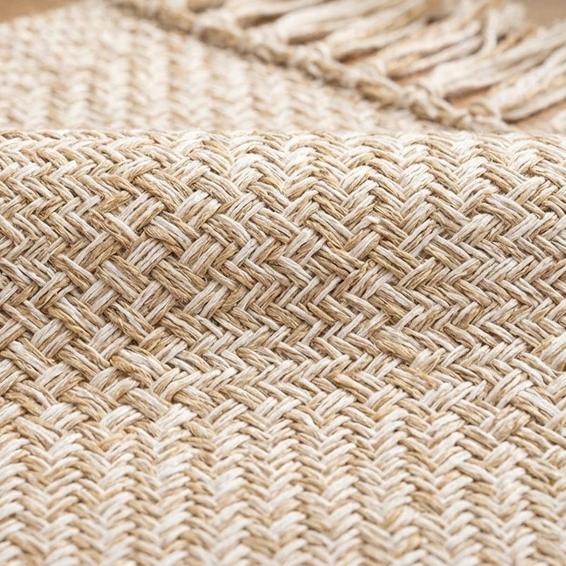 Boho Weave Rug Camel Solid Tan Cream Herringbone Weave Closeup Natural Jute Texture