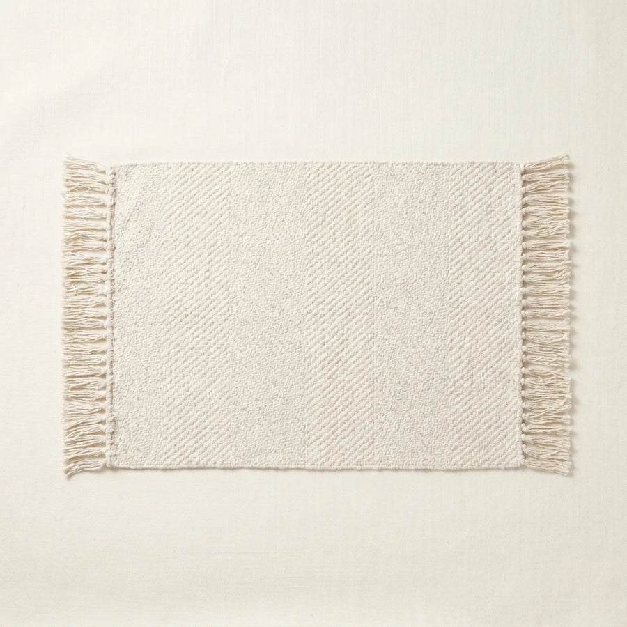 Boho Weave Rug Jacquard Solid Ivory Cream Herringbone Fringe Woven Bath Mat Product Shot