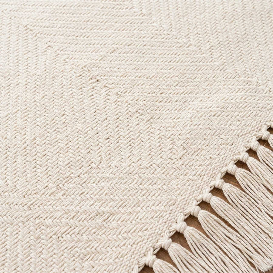 Boho Weave Rug Jacquard Solid Ivory Cream Herringbone Weave Closeup Fringe Detail