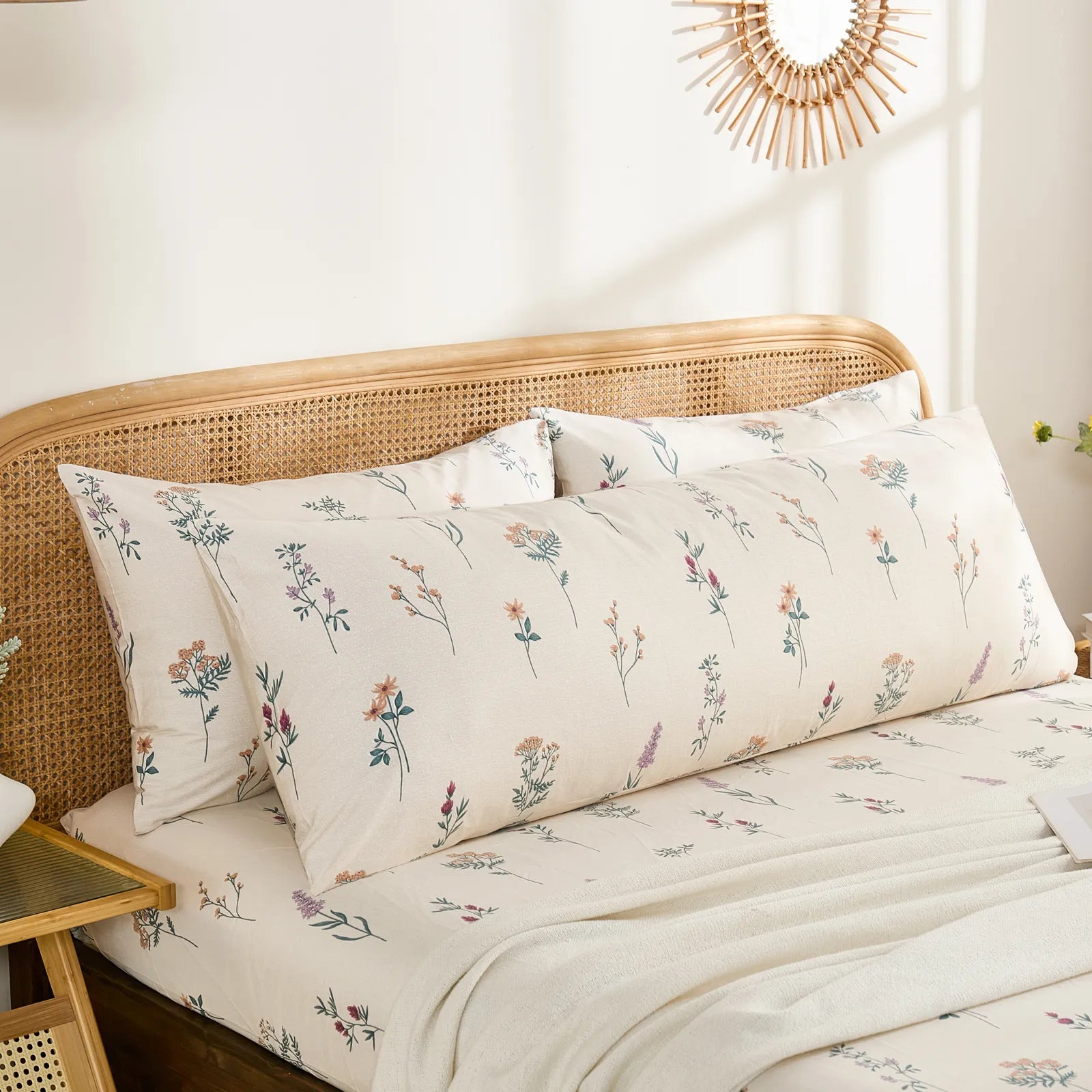 Styling shot of the cotton wildflower body pillowcase placed horizontally with two regular pillows in a bright bedroom setting.