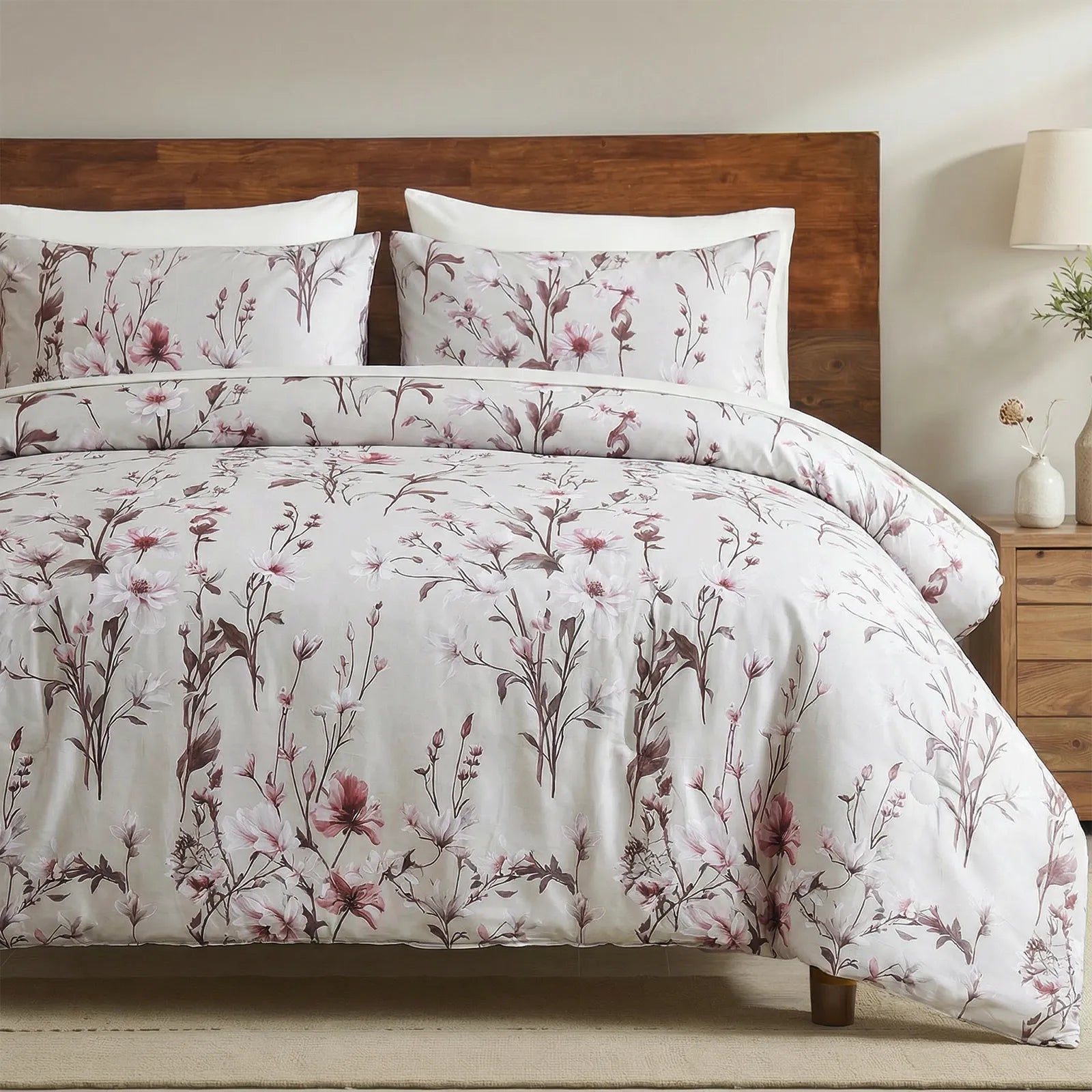 Side angle of mauve floral bedding set