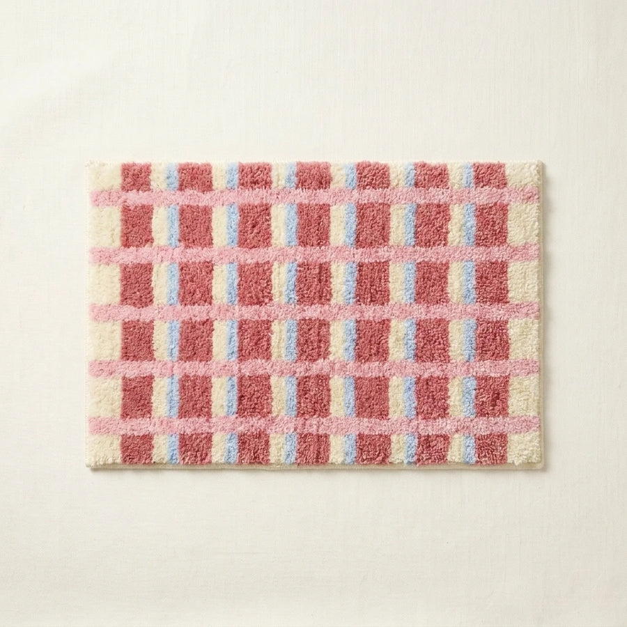 Meadow Plaid Rug Berry Windowpane Red Blue Cream Checkered Bath Mat Product Shot