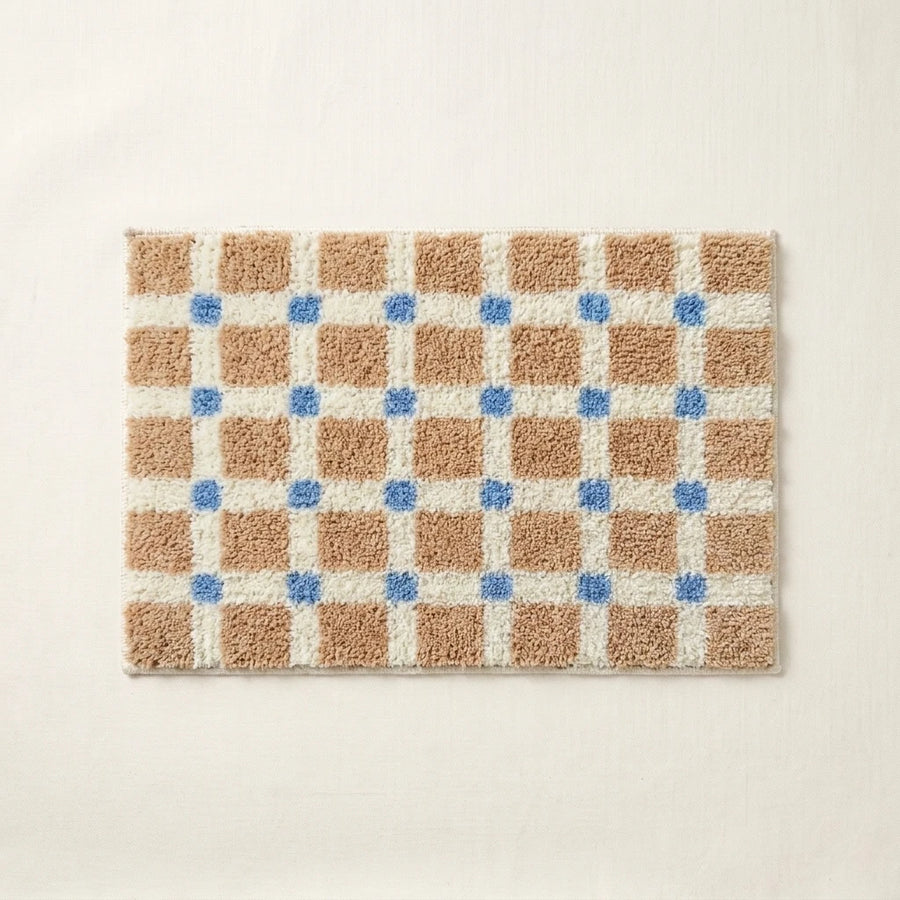 Meadow Plaid Rug Honey Vichy Tan Cream Blue Checkered Bath Mat Product Shot
