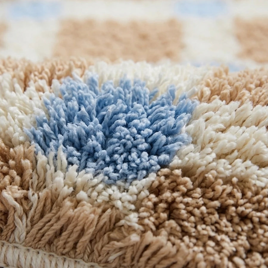 Meadow Plaid Rug Honey Vichy Tufted Texture Closeup Tan Cream Blue