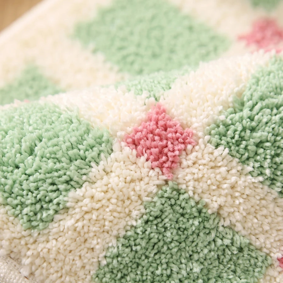 Meadow Plaid Rug Sage Vichy Tufted Texture Closeup Sage Green Coral Pink