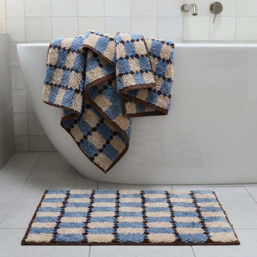Offset Check Rug Blue Cocoa Bathroom Mat Denim Blue Cream Matching Towel Set Modern Bathroom