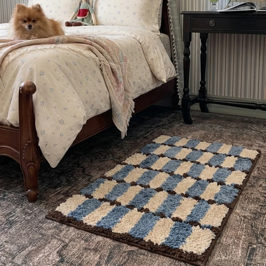 Offset Check Rug Blue Cocoa Bedroom Decor Denim Blue Cream Vintage Antique Cozy Pet Friendly Bedroom