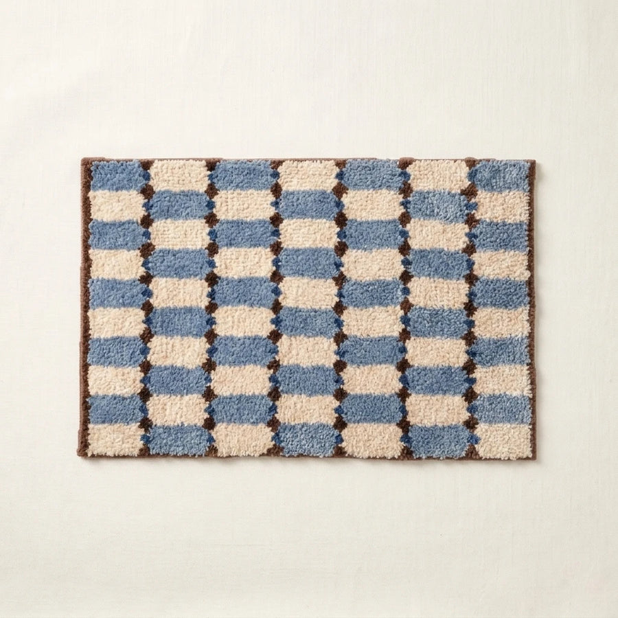 Offset Check Rug Blue Cocoa Denim Blue Cream Brown Checkered Bath Mat Product Shot