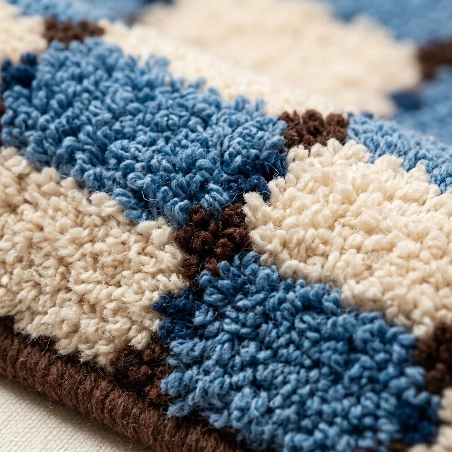 Offset Check Rug Blue Cocoa Tufted Texture Closeup Denim Blue Cream Chocolate Brown