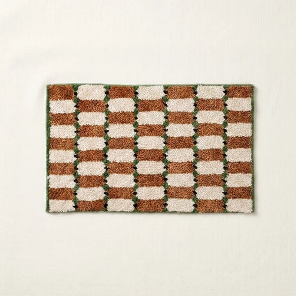 Offset Check Rug Rust Green Terracotta Cream Checkered Bath Mat Product Shot