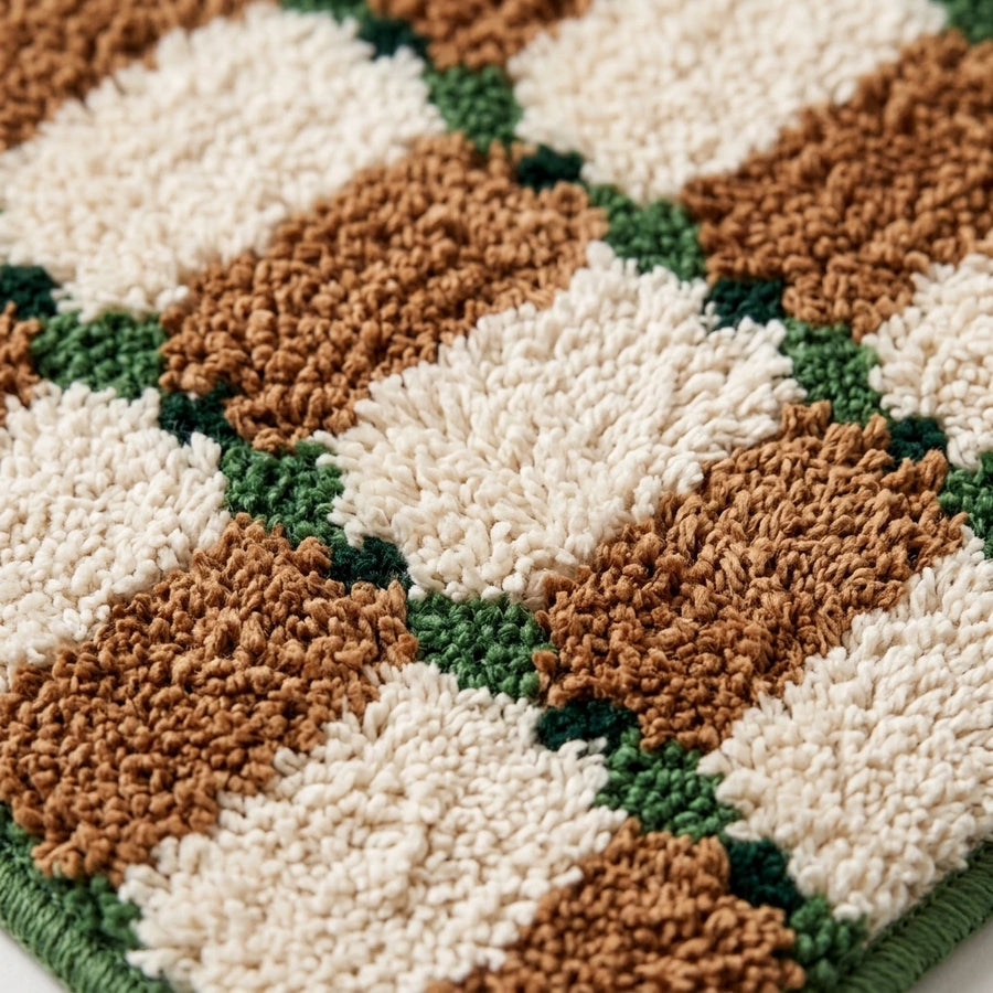 Offset Check Rug Rust Green Tufted Texture Closeup Terracotta Cream Forest Green
