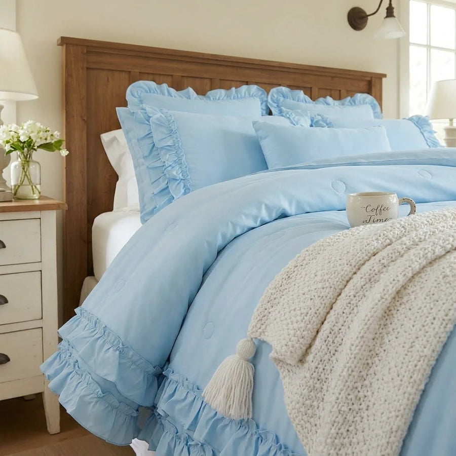aesthetic blue ruffle comforter cottagecore home styling