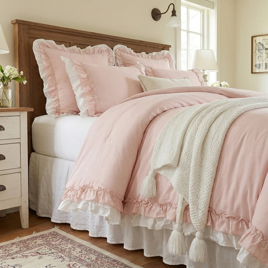 aesthetic pink ruffle comforter cottagecore home styling