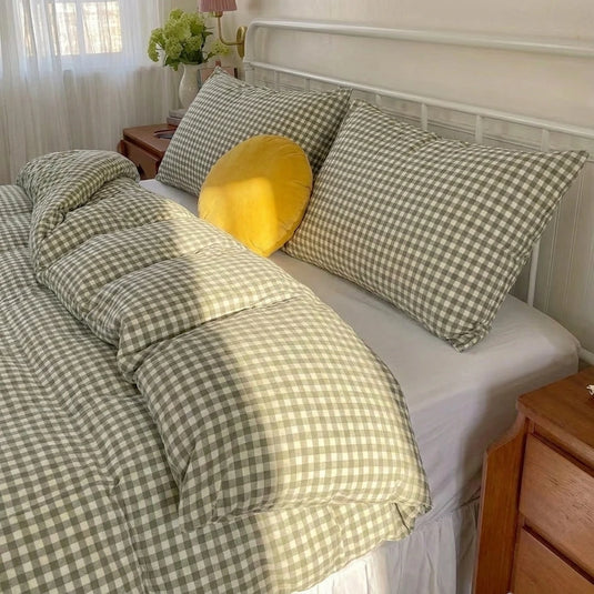 aesthetic sage green checkered bed linens modern farmhouse decor