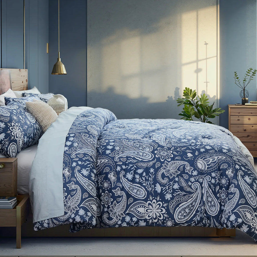 aesthetic traditional paisley comforter set dark blue home style