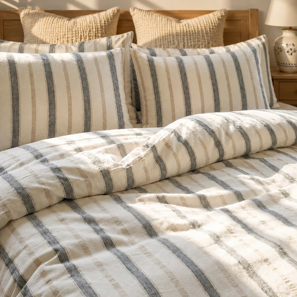 artisan raw edge stripe duvet cover set neutral linen look bedding