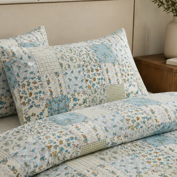 artisanal patchwork botanical blue floral pillowcase