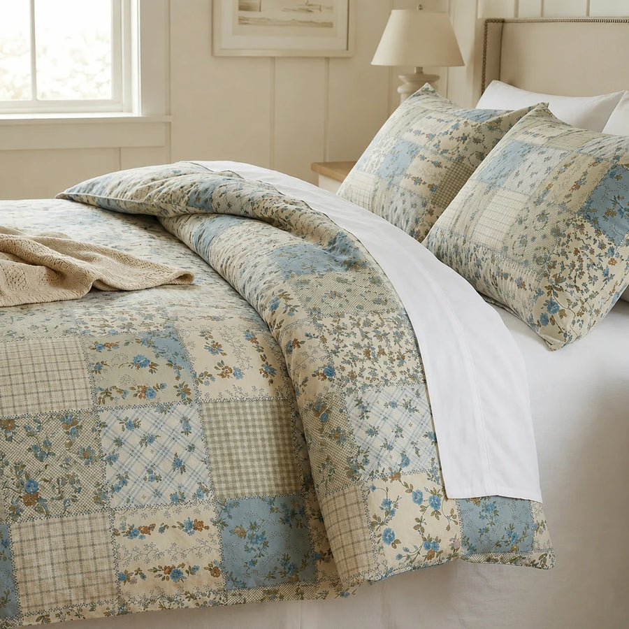 artisanal patchwork botanical comforter set blue floral quilt