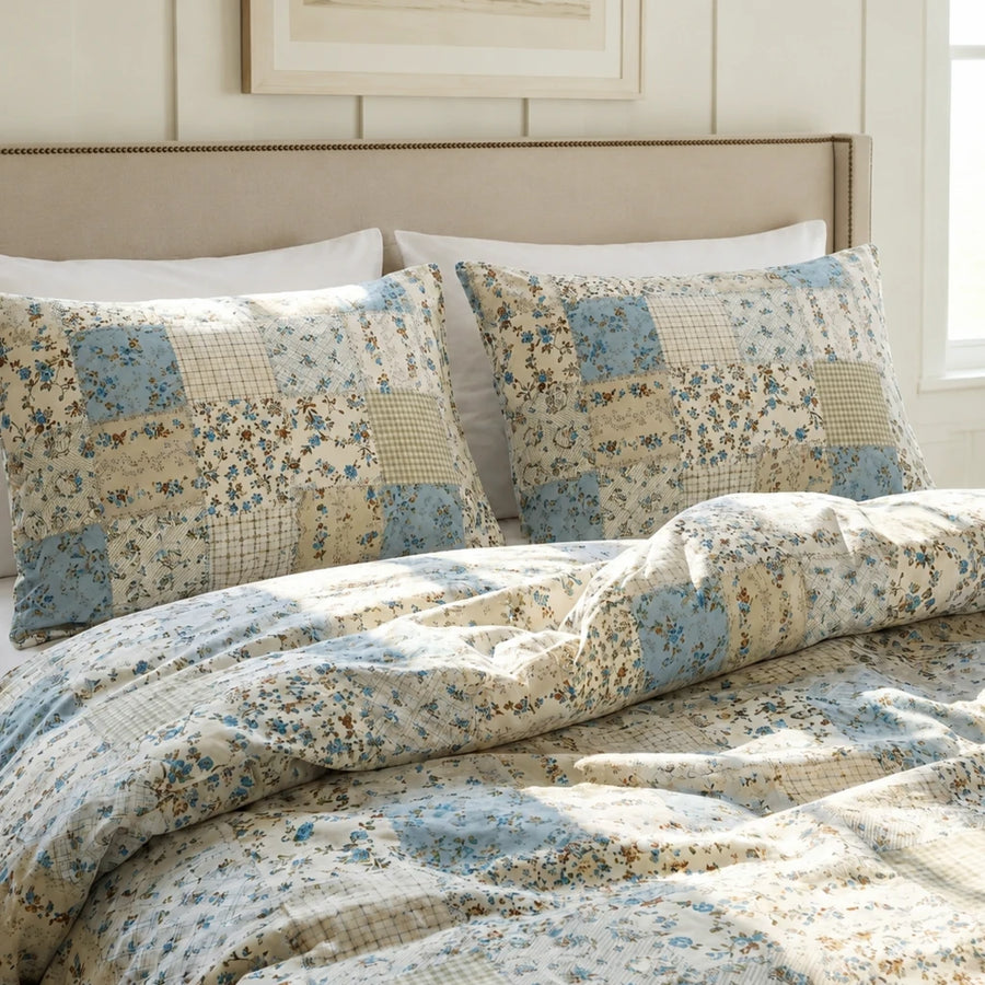 artisanal patchwork botanical duvet cover set blue cream quilt style bedding