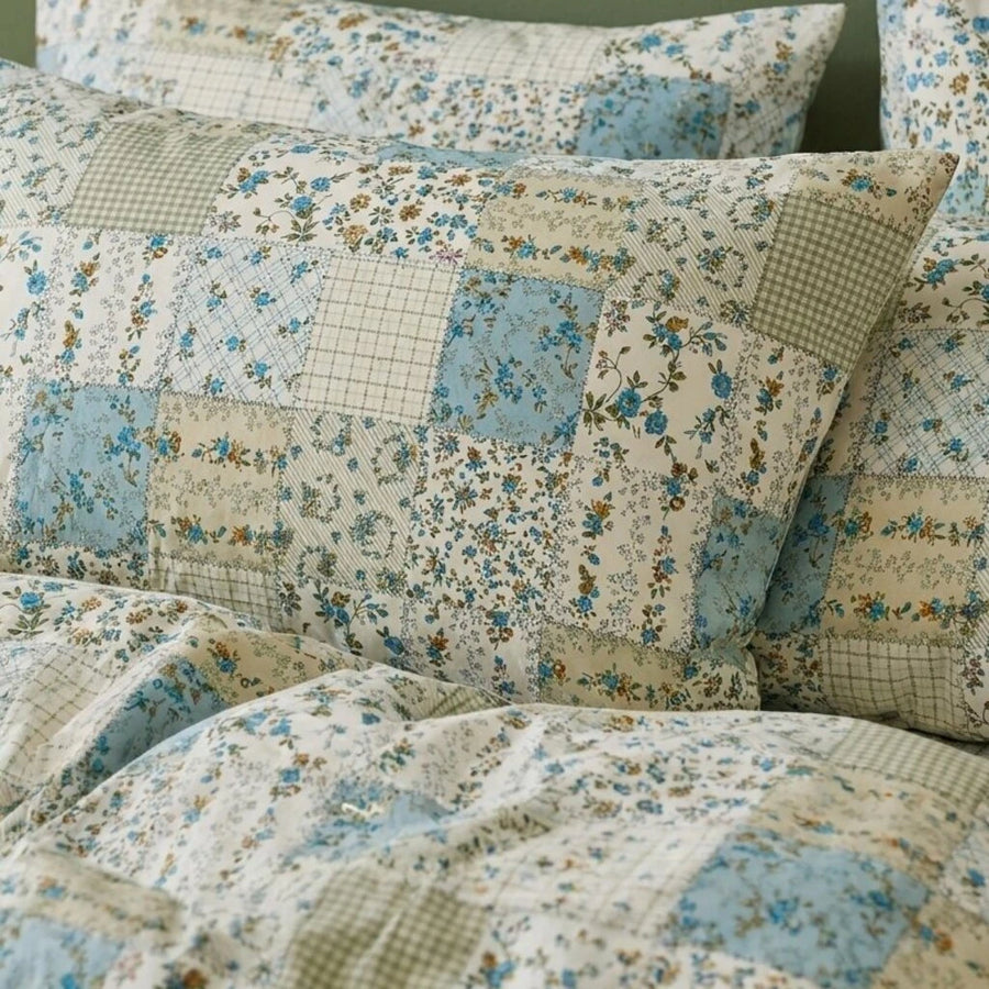 artisanal patchwork botanical shams blue cream vintage cottage