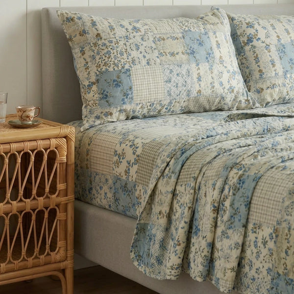 artisanal patchwork botanical sheet set blue floral gingham bedding