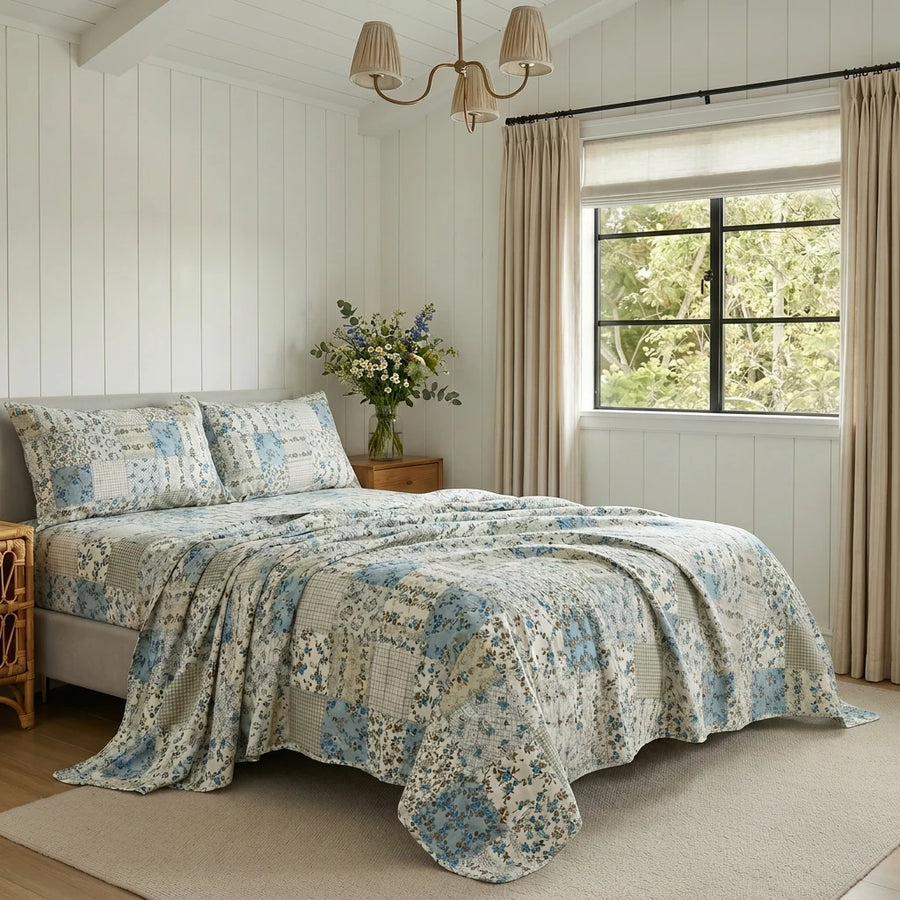 artisanal patchwork botanical sheet set cream patchwork bedding main