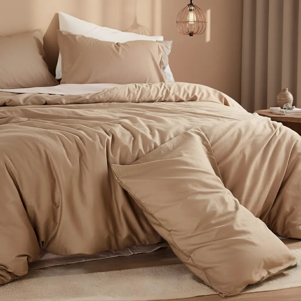 Close-up of beige camel duvet cover with naturally draped edge and layered pillows arrangement.