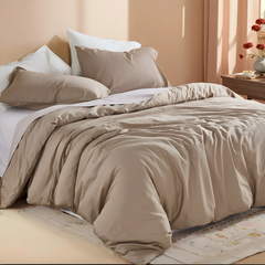 Angled detail of beige duvet showing fabric texture
