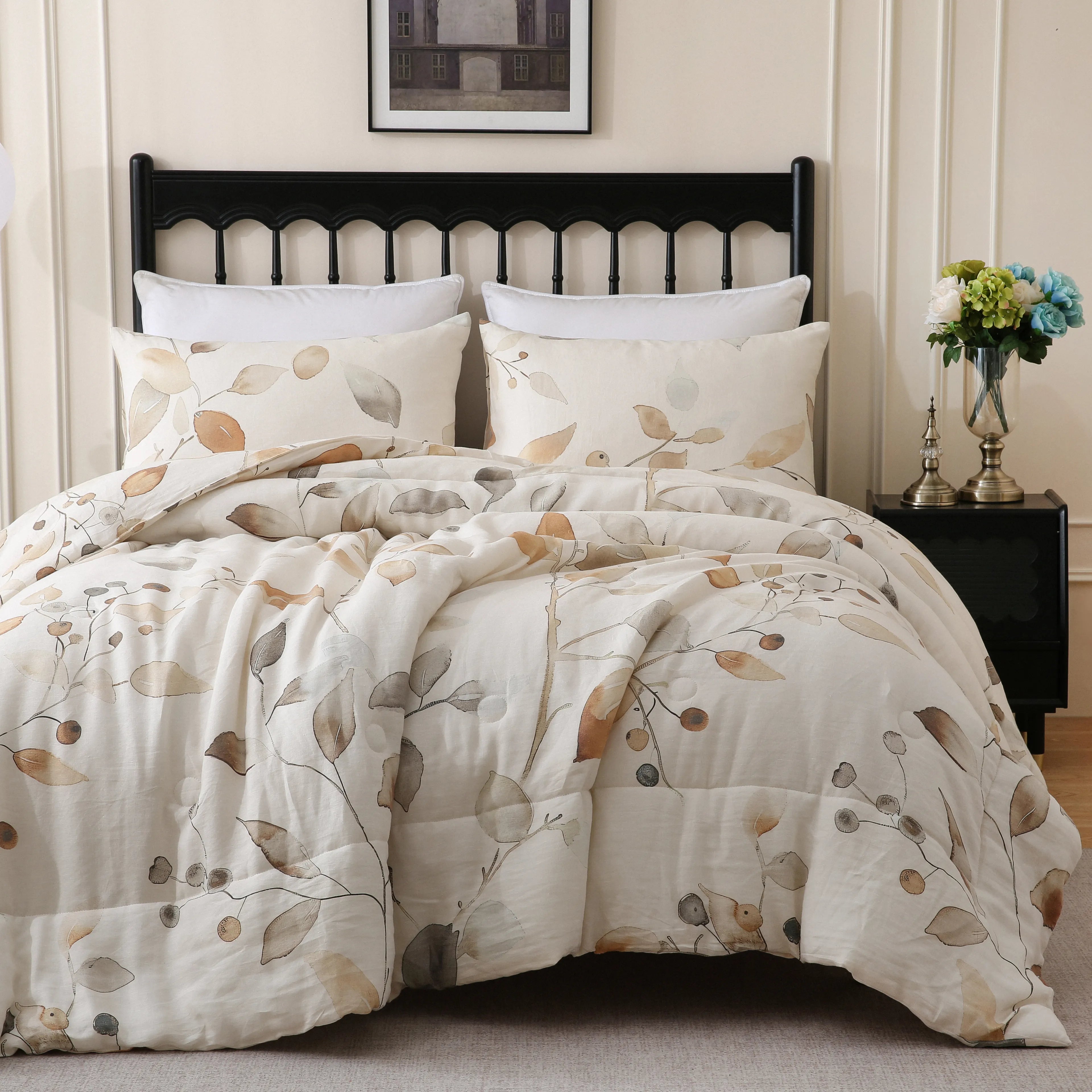 beige linen floral comforter sets