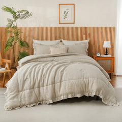 beige linen ruffle bedding set