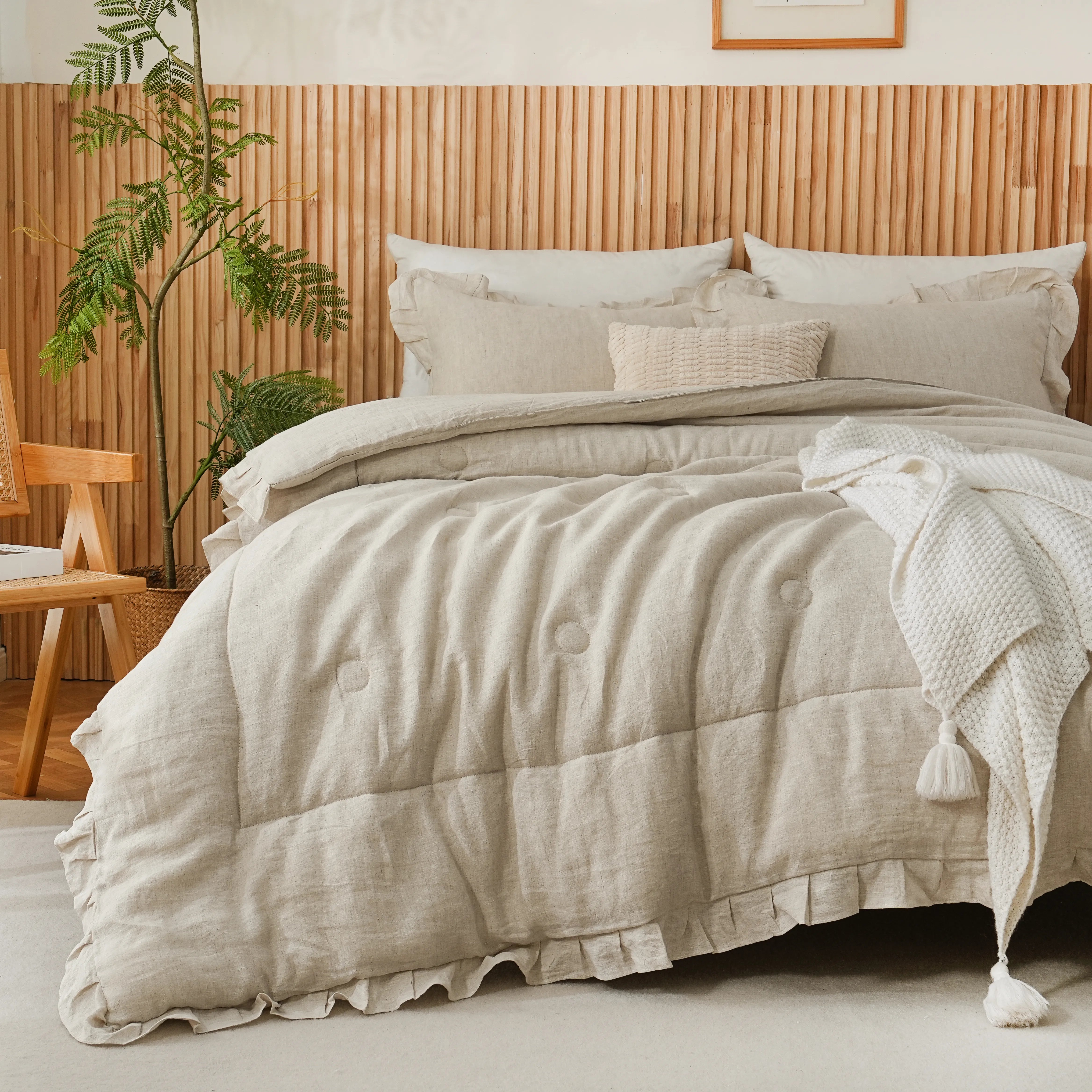 beige linen ruffle comforter set king
