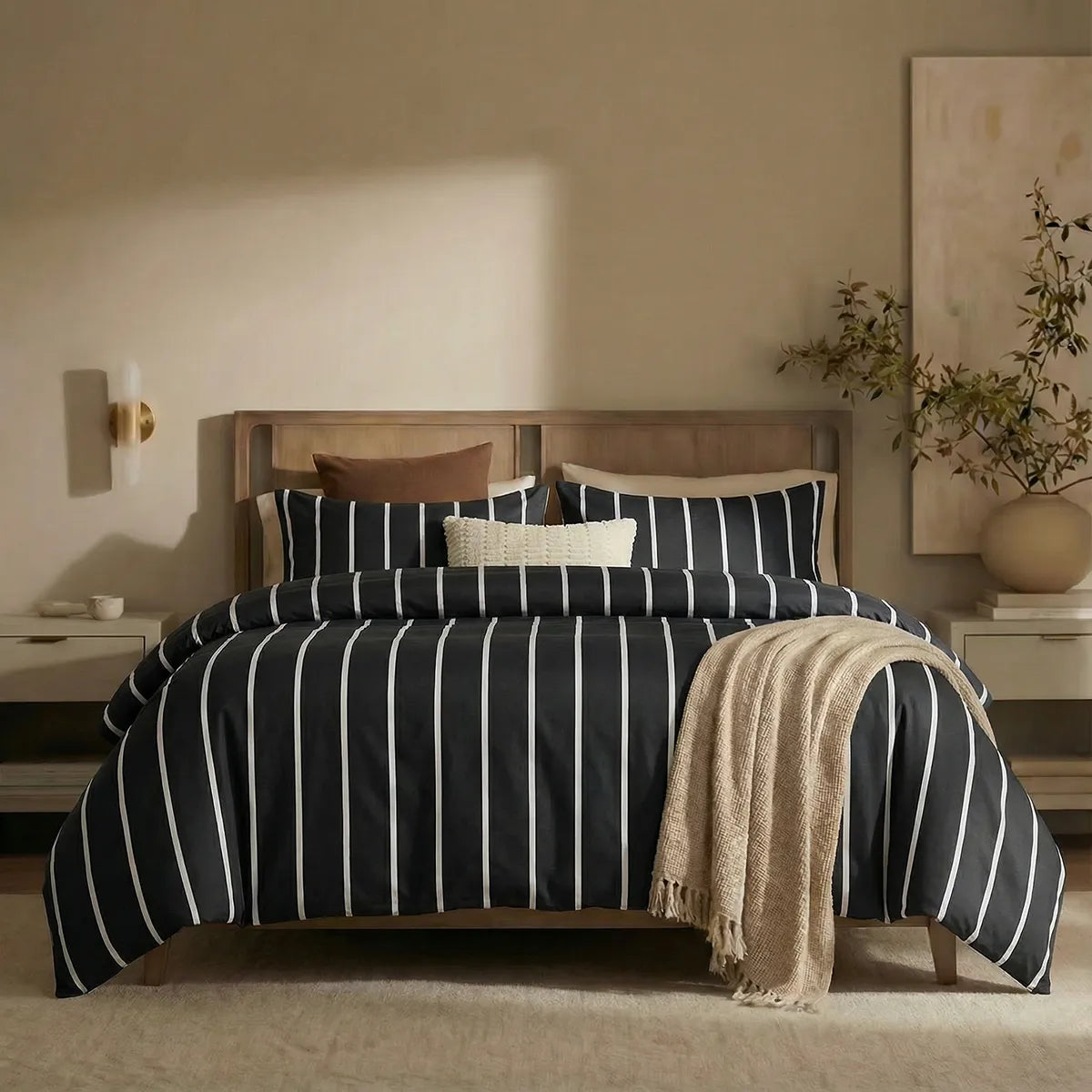 Full front view of black striped bedding set