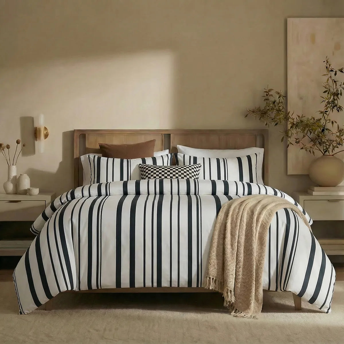 Full front view of black and white striped bedding set