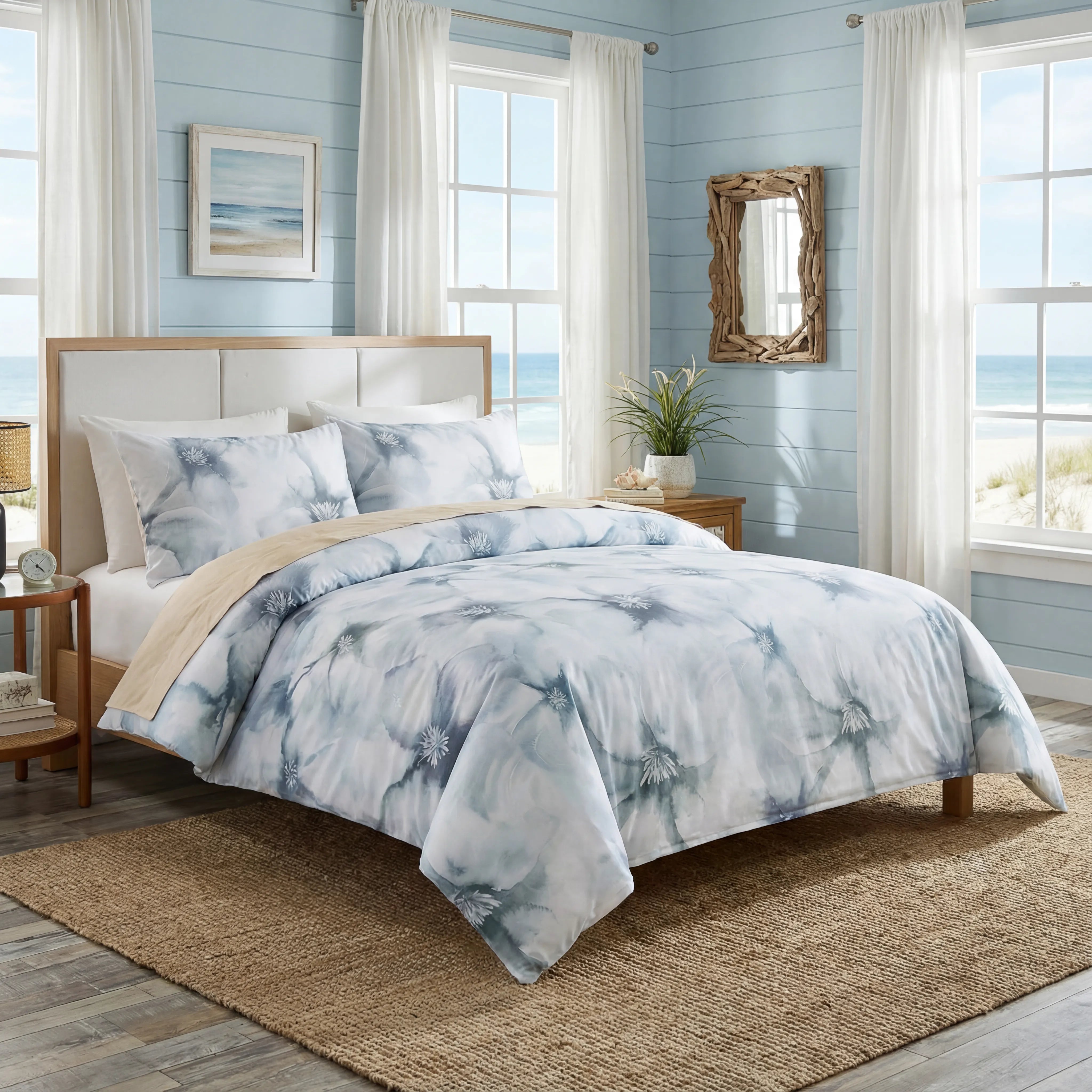 Blue blooms bedding collection angled view