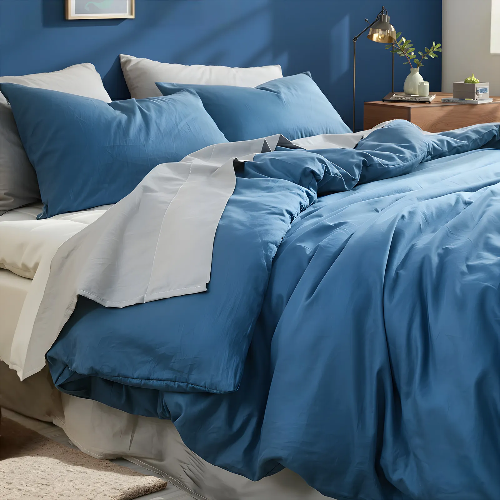 Blue duvet with folded corner revealing white sheet contrast