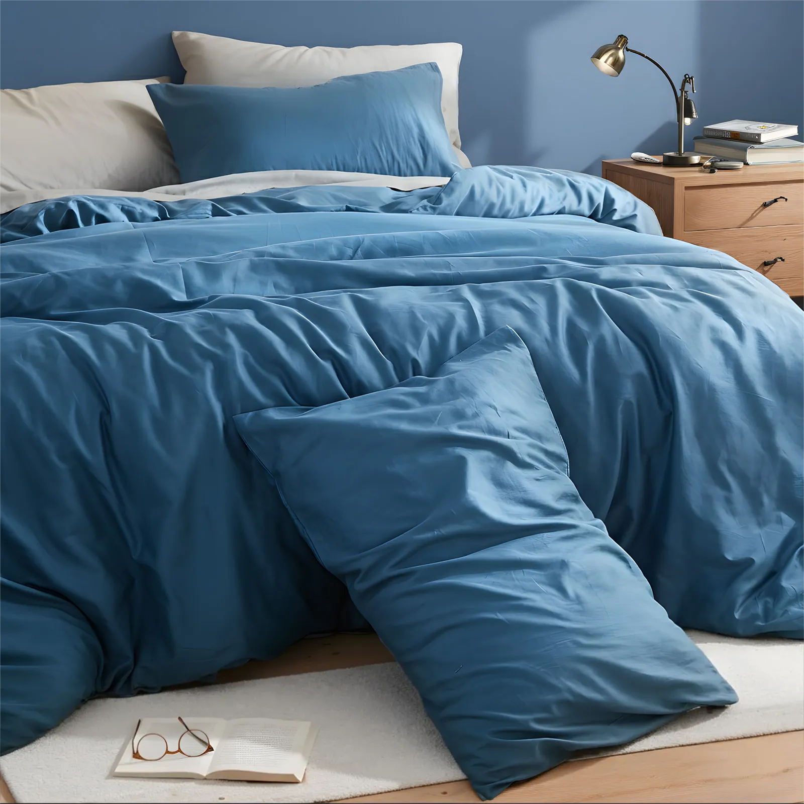 Close-up of blue duvet at headboard with white and blue pillows