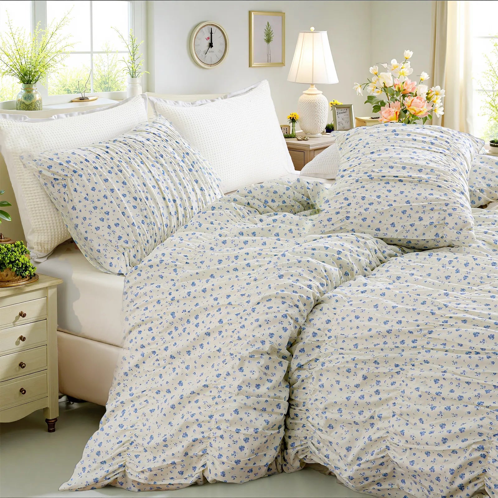 Blue floral cotton duvet set side perspective
