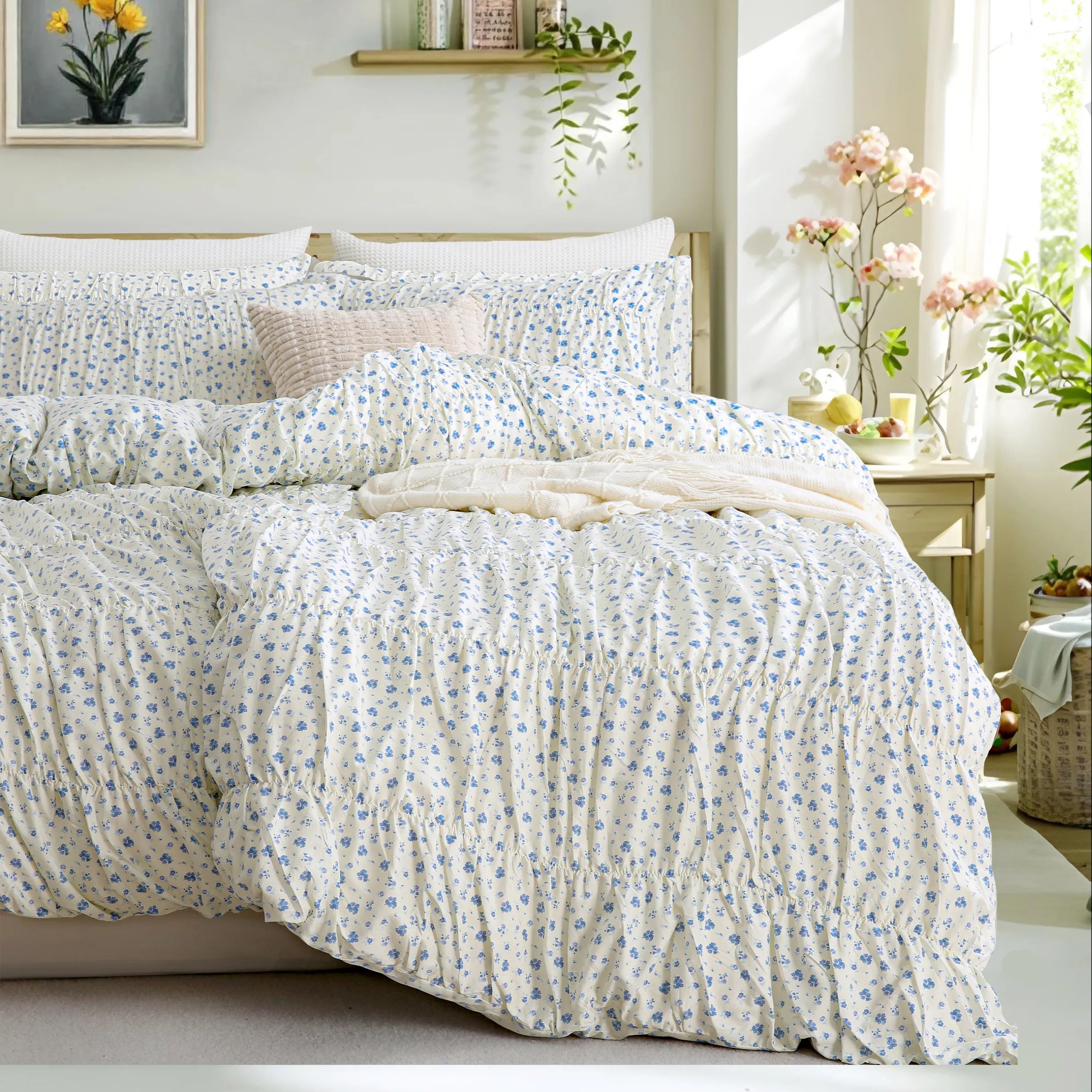 Blue floral cotton duvet set texture closeup