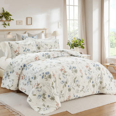 bed angle of blue floral duvet cover set