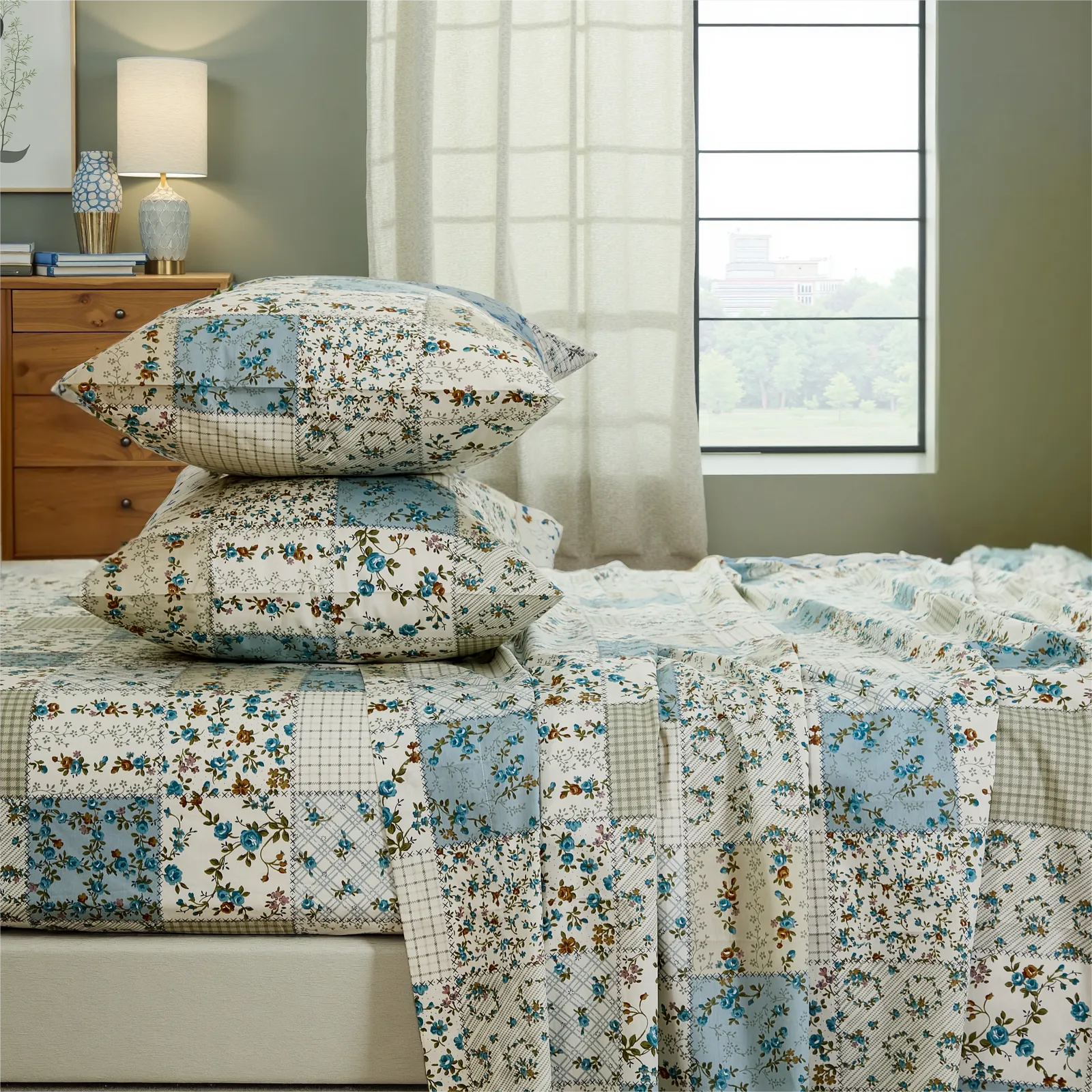 Stacked blue and green floral patchwork cotton pillows on the fitted sheet set close up