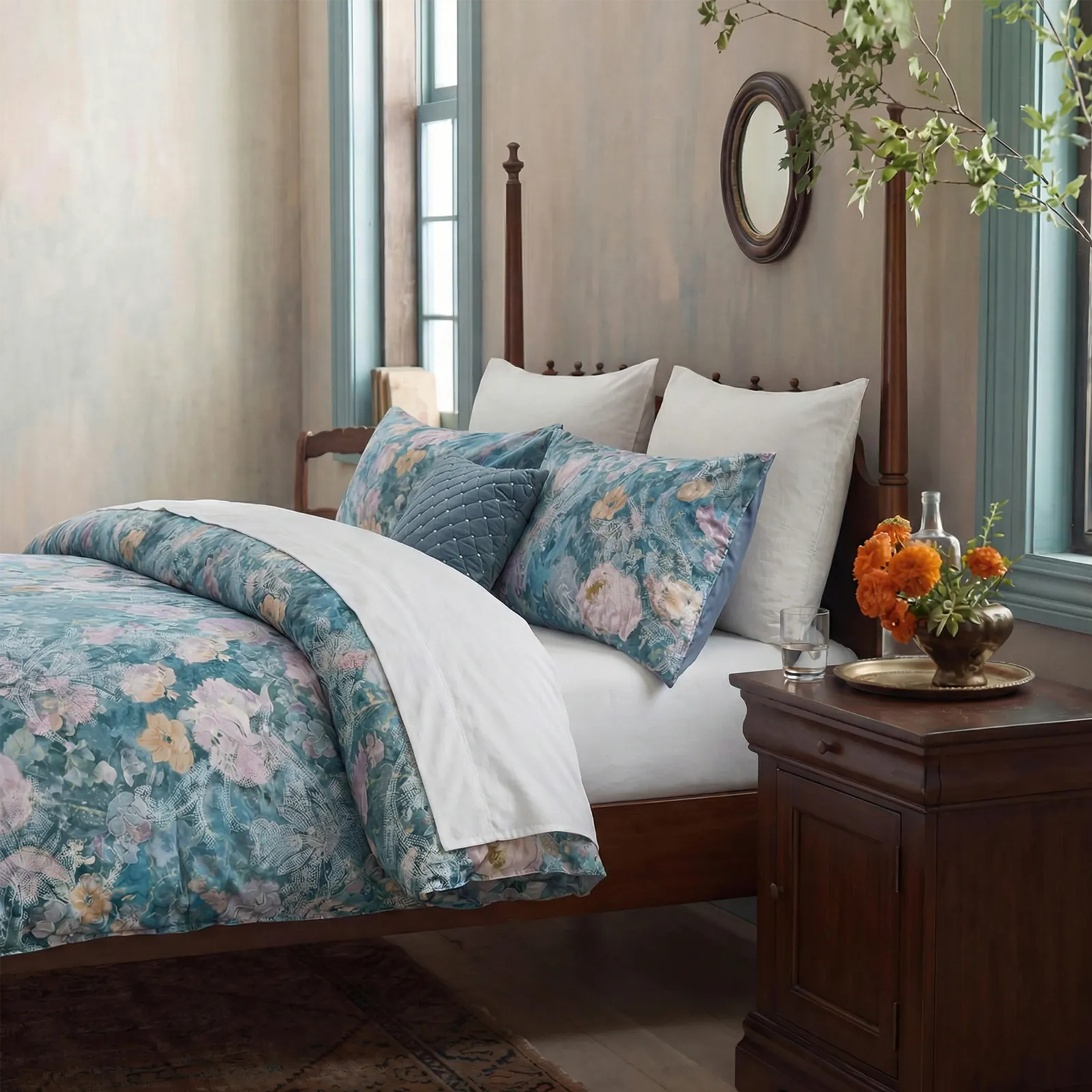 Close up of blue peony pattern bedding with white pillows