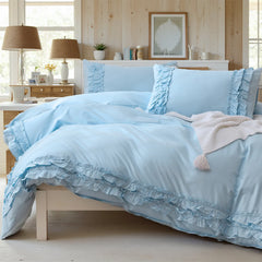 angled view of the blue ruffled comforter set with pillows