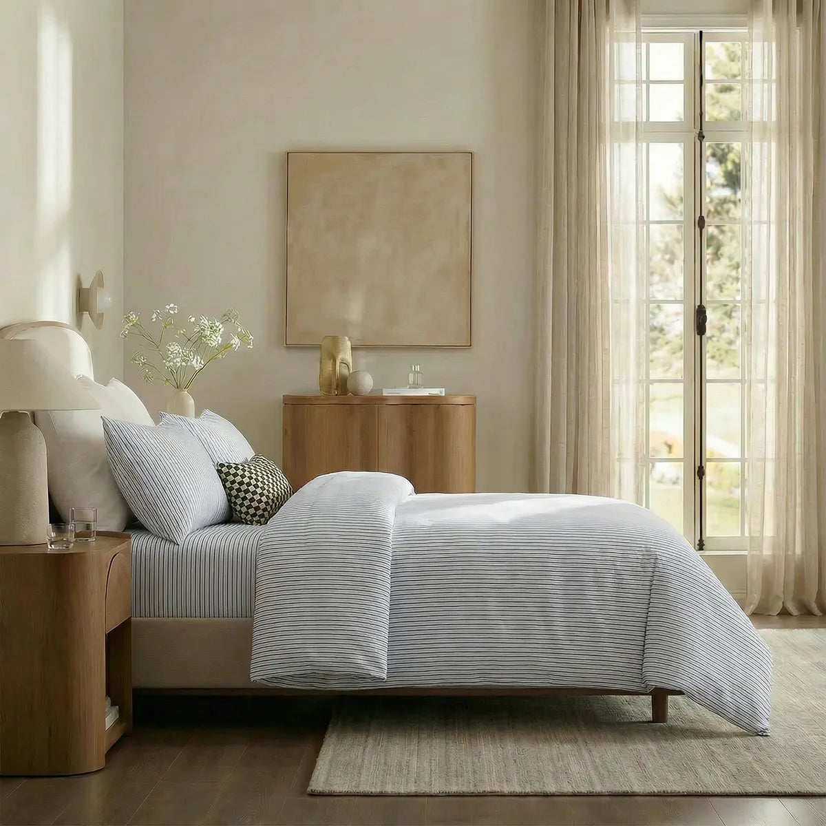 Side view of blue and white striped duvet and pillows