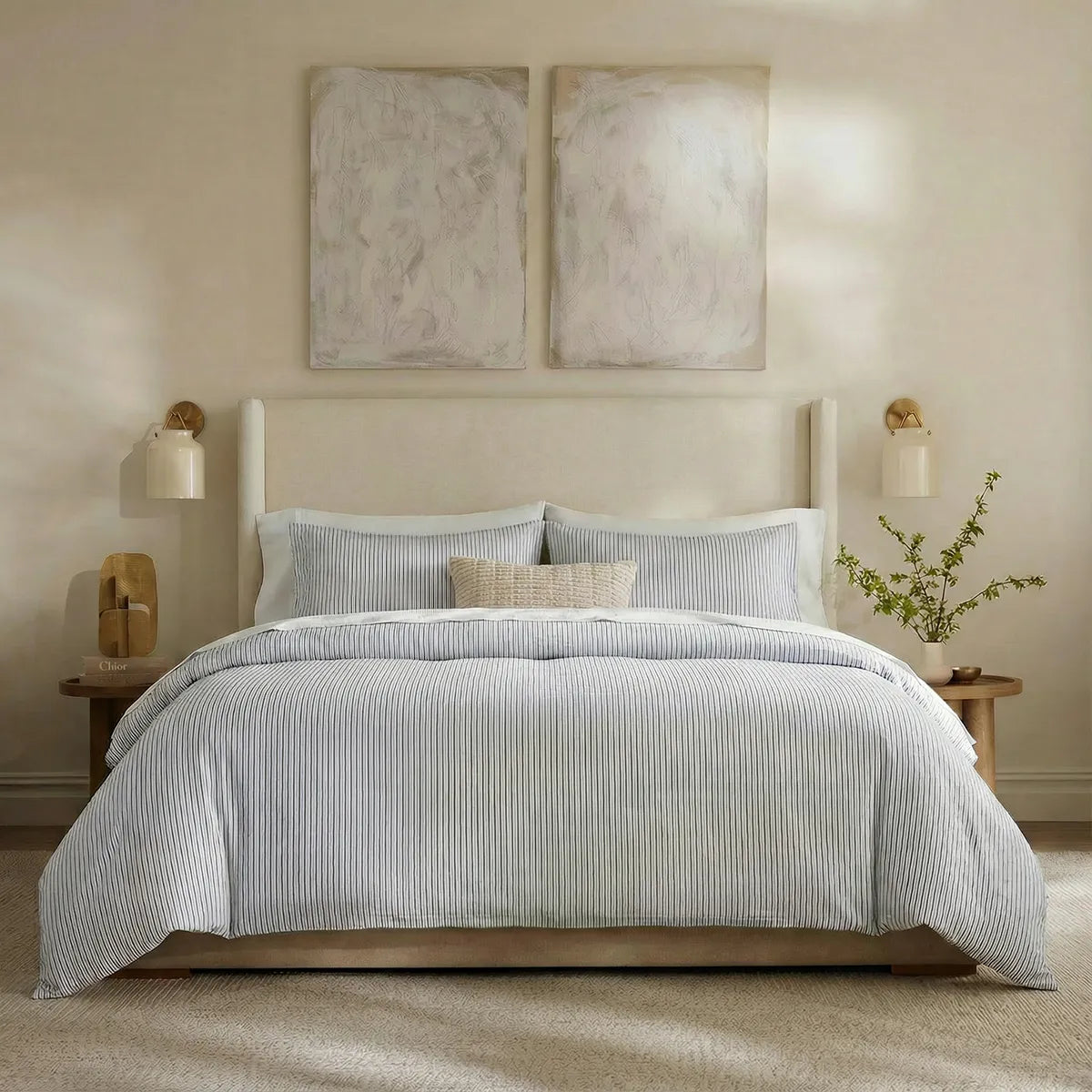 Full front view of blue and white striped bedding set