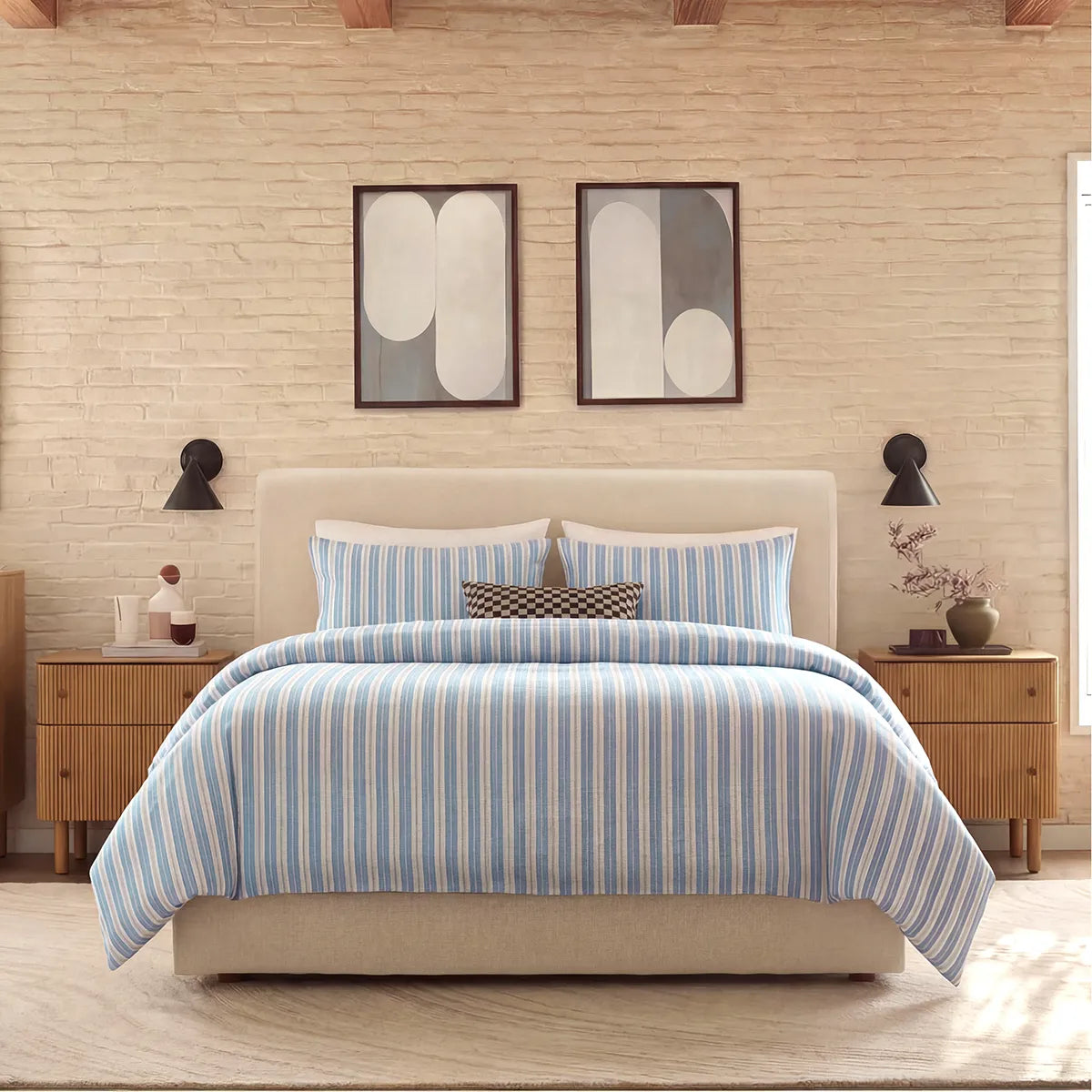 Full front view of blue white grey striped bedding set