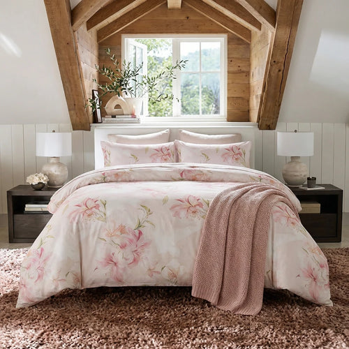 pink lily floral cotton duvet cover set displayed in romantic cottagecore bedroom decor